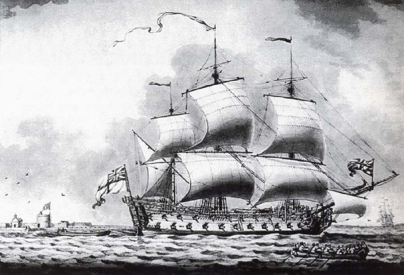 A drawing of a British two-decker off Calshot Castle, Francis Swaine